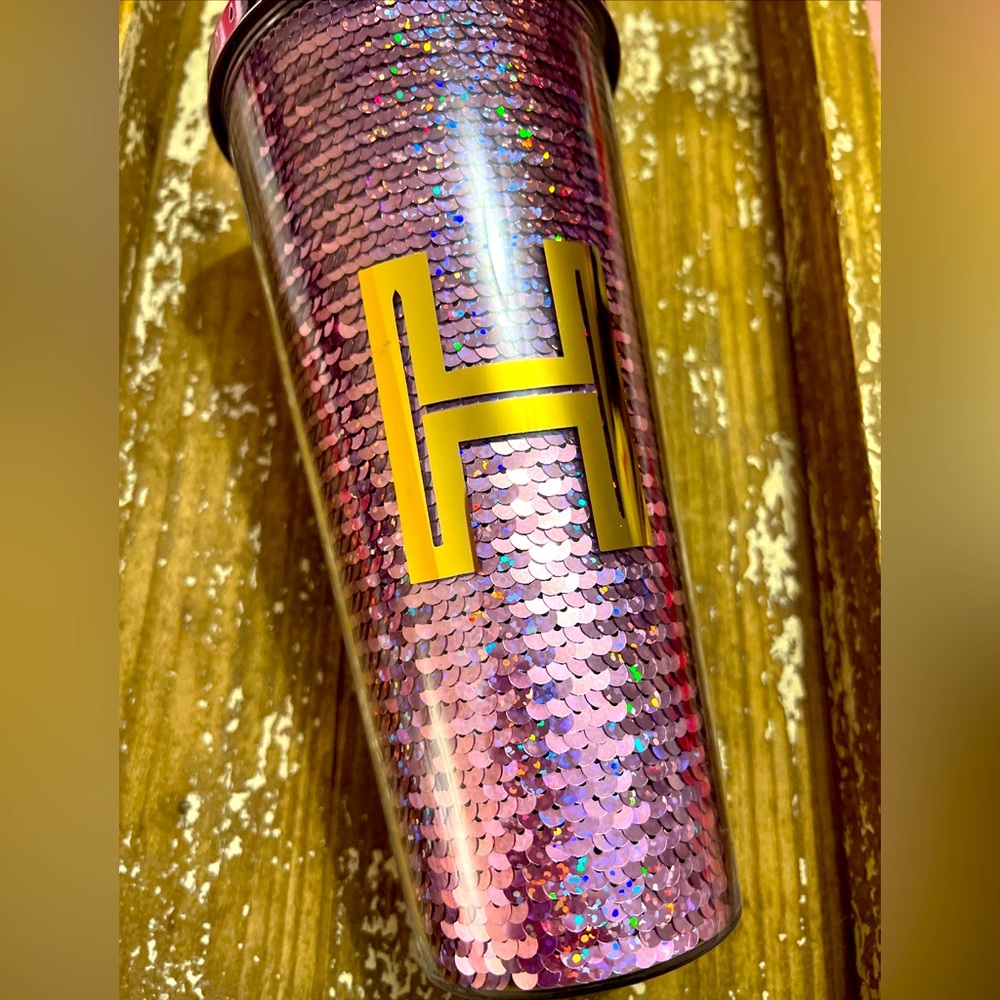 20 Oz Travel Mug Monogrammed Sequined Tumbler Letter "H”